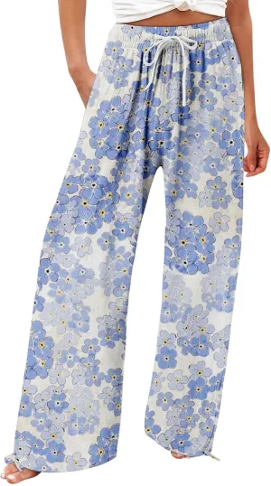 Women's Wide Leg Pants Womens Cotton Casual Loose Pants Comfy Work Pants Elastic High Waist Loose Baggy Palazzo