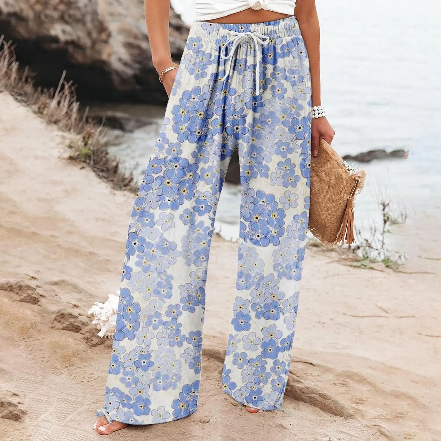 Women's Wide Leg Pants Womens Cotton Casual Loose Pants Comfy Work Pants Elastic High Waist Loose Baggy Palazzo