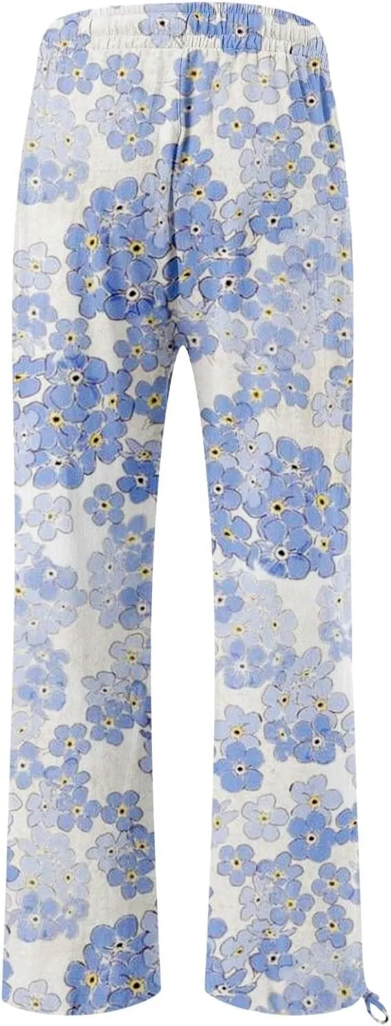 Women's Wide Leg Pants Womens Cotton Casual Loose Pants Comfy Work Pants Elastic High Waist Loose Baggy Palazzo