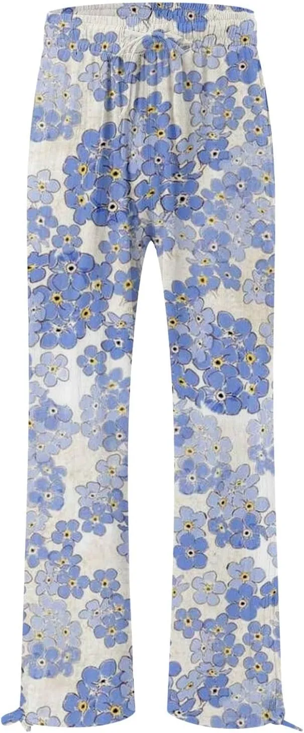Women's Wide Leg Pants Womens Cotton Casual Loose Pants Comfy Work Pants Elastic High Waist Loose Baggy Palazzo
