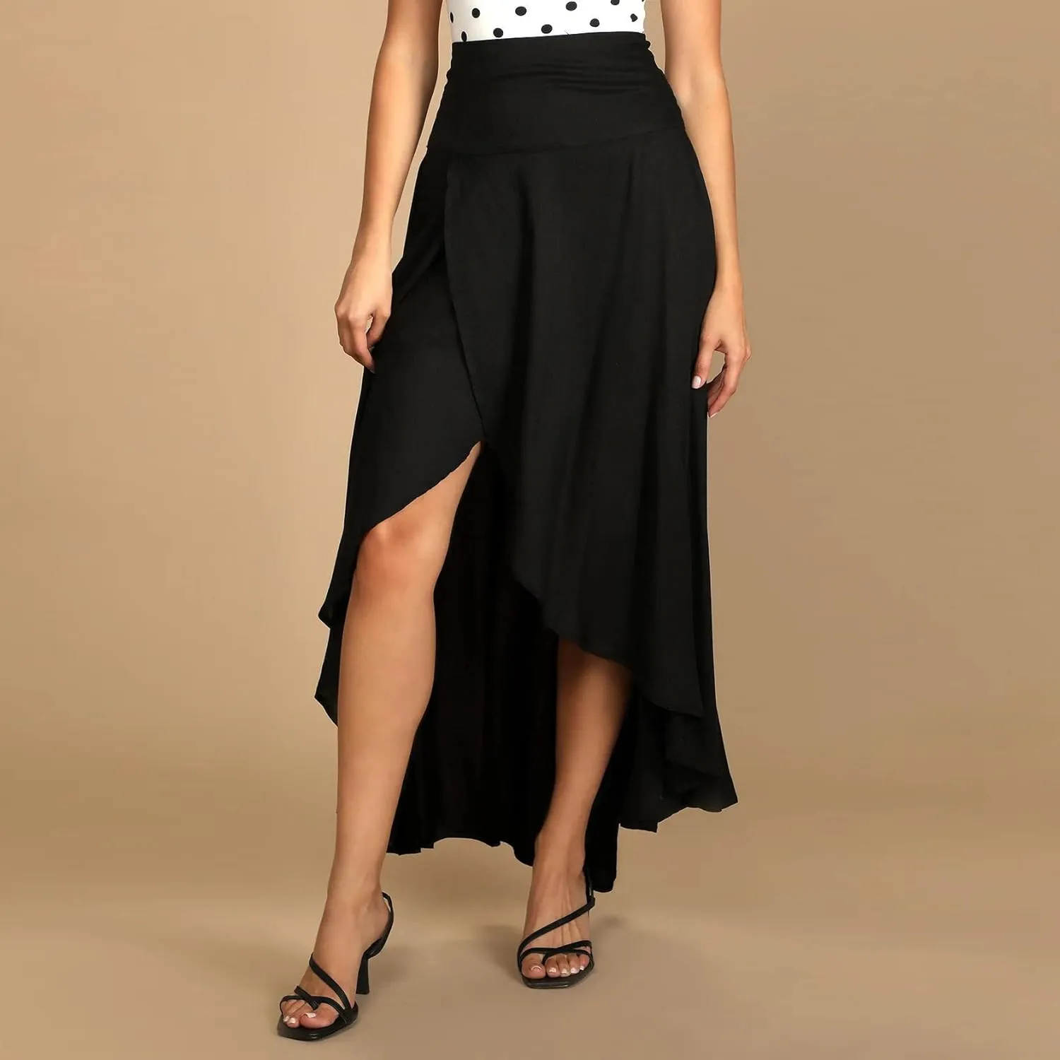 Wuitrie Long Skirts for Women Trendy High Elastic Waist Maxi Skirts Flowy Ruffle Irregular Pleated Slit Skirts