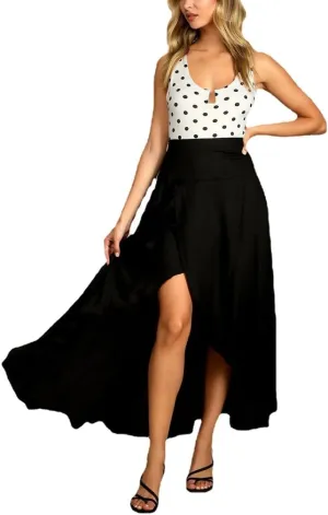 Wuitrie Long Skirts for Women Trendy High Elastic Waist Maxi Skirts Flowy Ruffle Irregular Pleated Slit Skirts