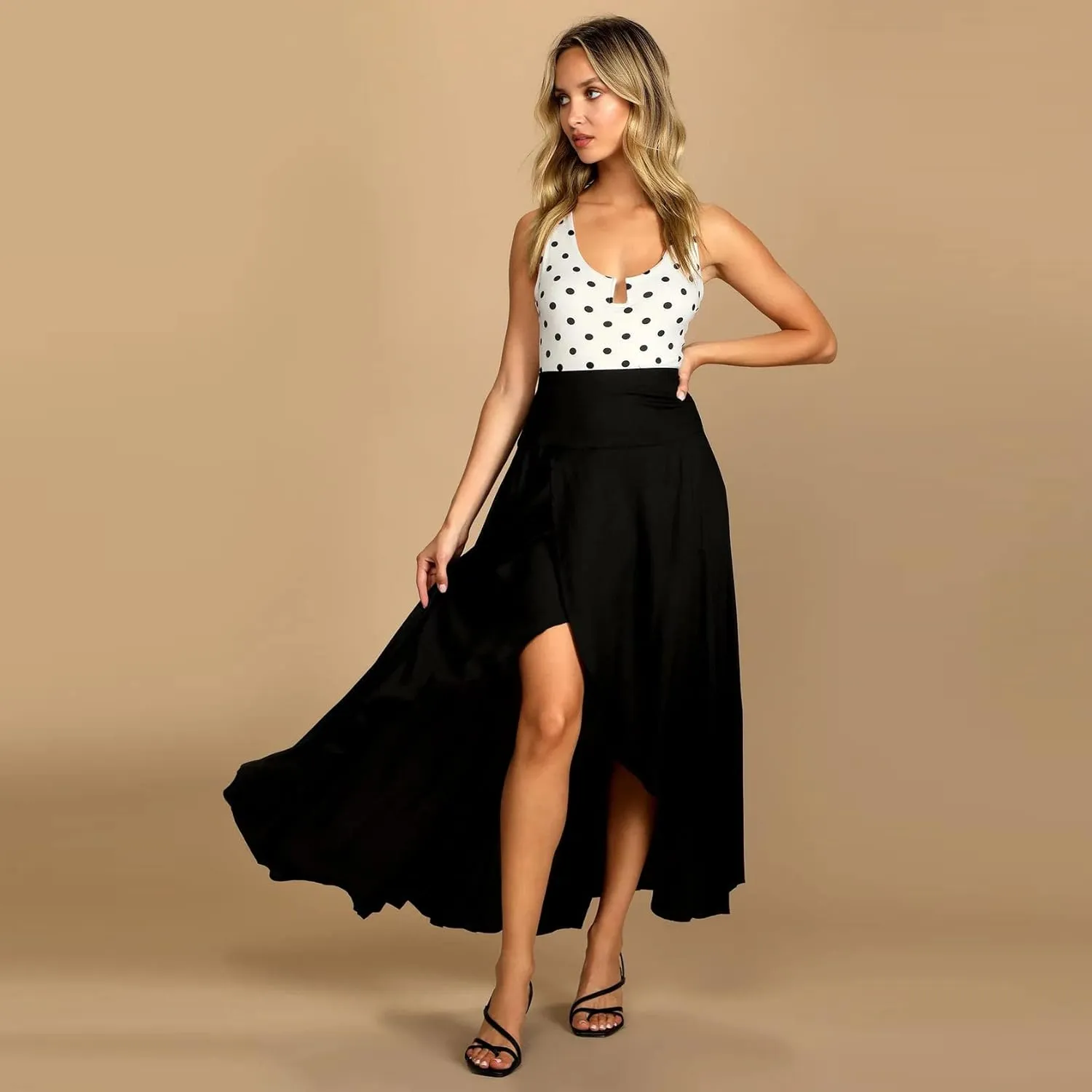 Wuitrie Long Skirts for Women Trendy High Elastic Waist Maxi Skirts Flowy Ruffle Irregular Pleated Slit Skirts