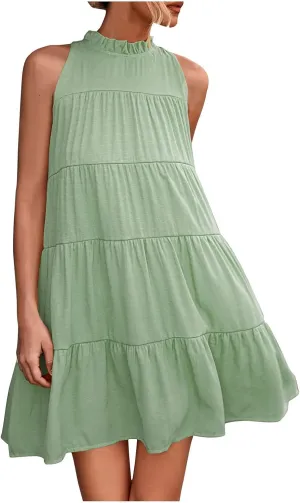 XUNRYAN Women's Babydoll Tank Dress Summer Boho Short Mini Dresses Sleeveless Tiered Ruffle Flowy Swing Dress Beach Outfit
