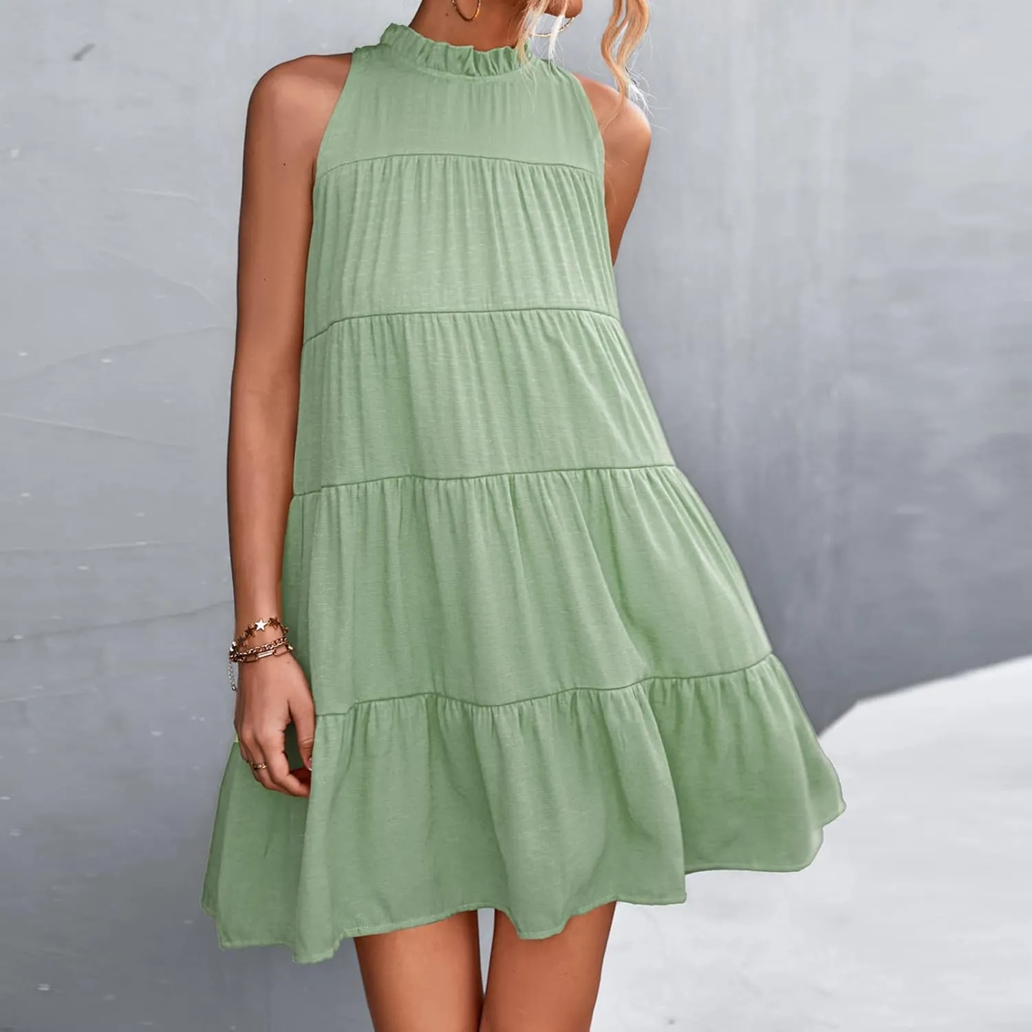 XUNRYAN Women's Babydoll Tank Dress Summer Boho Short Mini Dresses Sleeveless Tiered Ruffle Flowy Swing Dress Beach Outfit