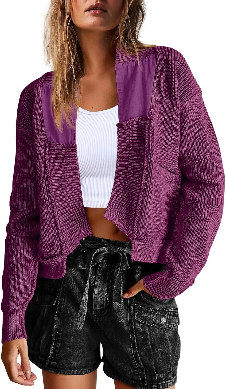 Yanekop Womens Oversized Cardigan Sweater Open Front Outerwear Chunky Knit Cropped Sweater Jacket with Pockets
