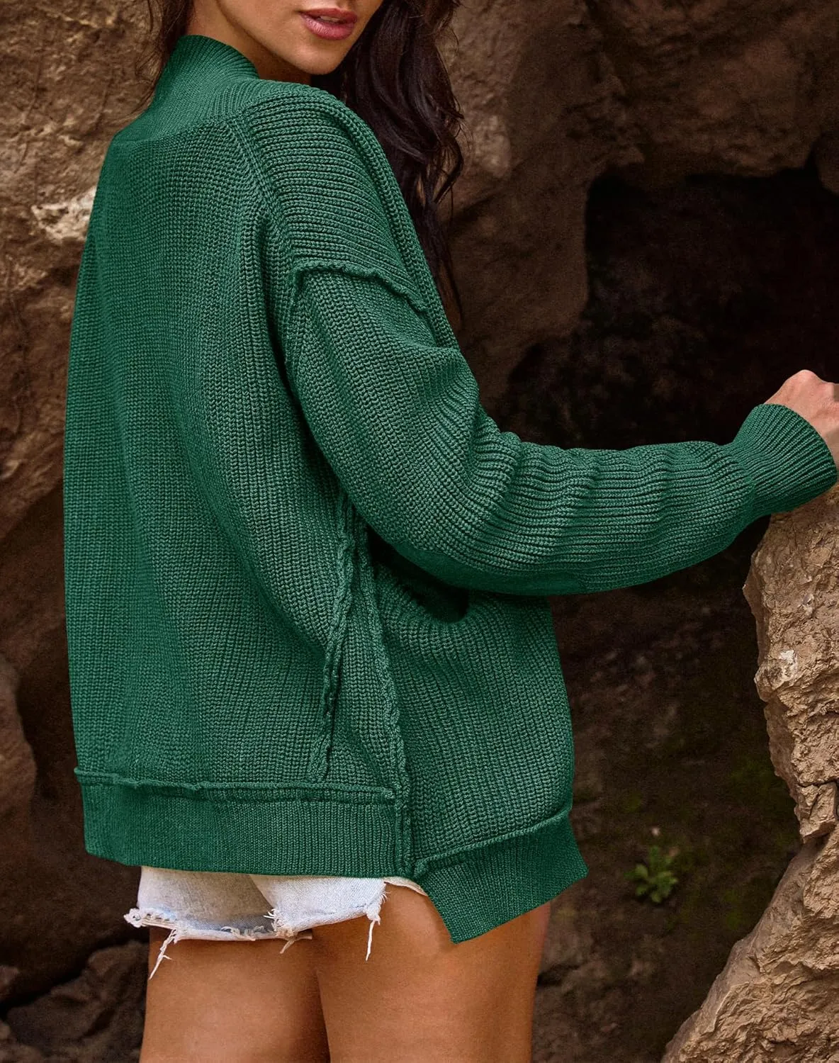 Yanekop Womens Oversized Cardigan Sweater Open Front Outerwear Chunky Knit Cropped Sweater Jacket with Pockets