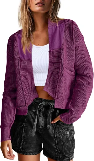 Yanekop Womens Oversized Cardigan Sweater Open Front Outerwear Chunky Knit Cropped Sweater Jacket with Pockets