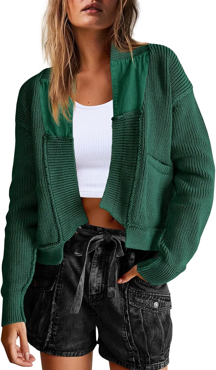 Yanekop Womens Oversized Cardigan Sweater Open Front Outerwear Chunky Knit Cropped Sweater Jacket with Pockets