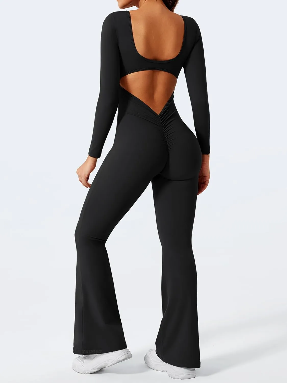 YEOREO One Piece Wide Leg Jumpsuits for Women Workout Long Sleeve Backless Flare Jumpsuit Lizvette Scrunch V Back Yoga Romper