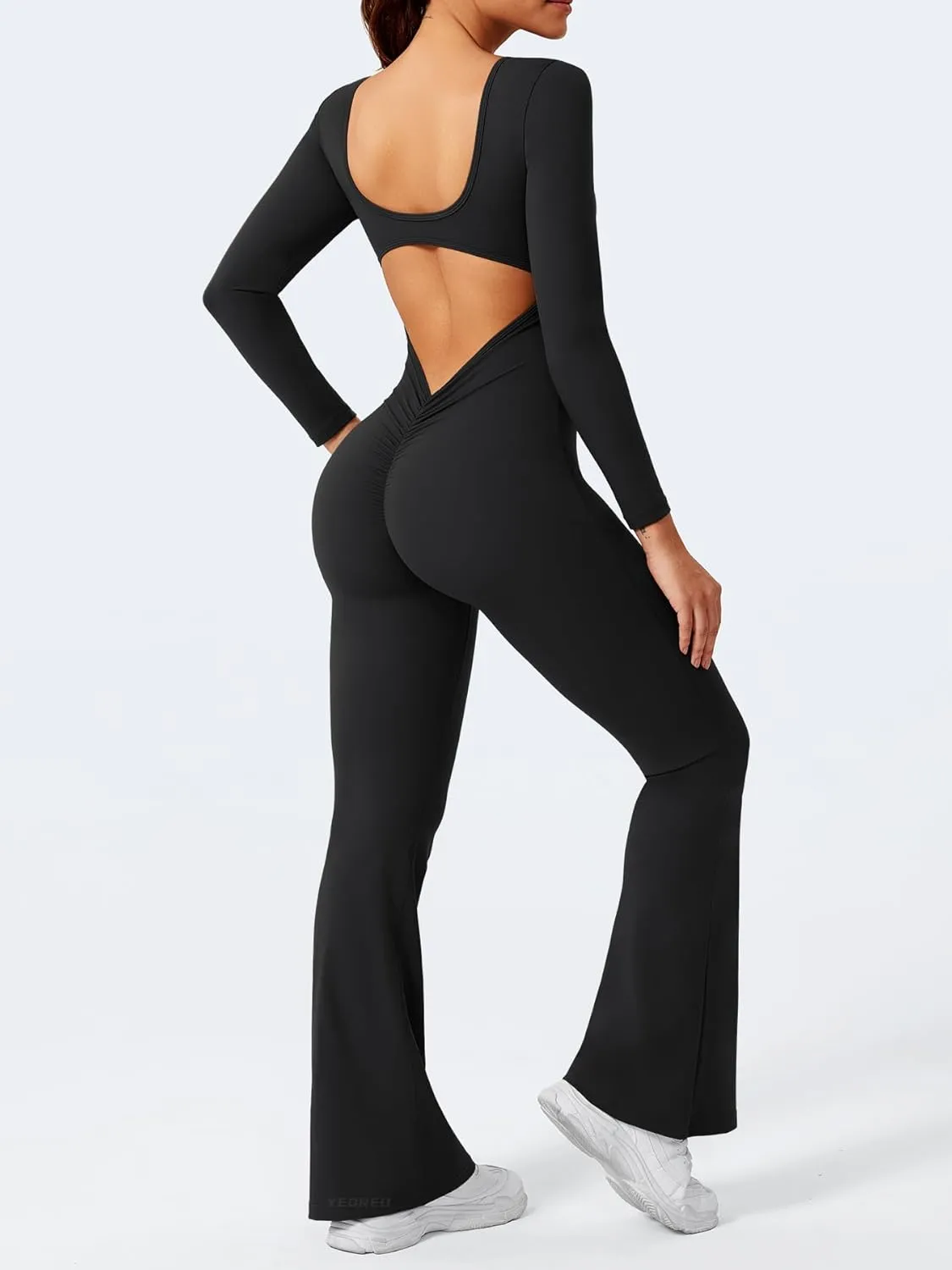 YEOREO One Piece Wide Leg Jumpsuits for Women Workout Long Sleeve Backless Flare Jumpsuit Lizvette Scrunch V Back Yoga Romper