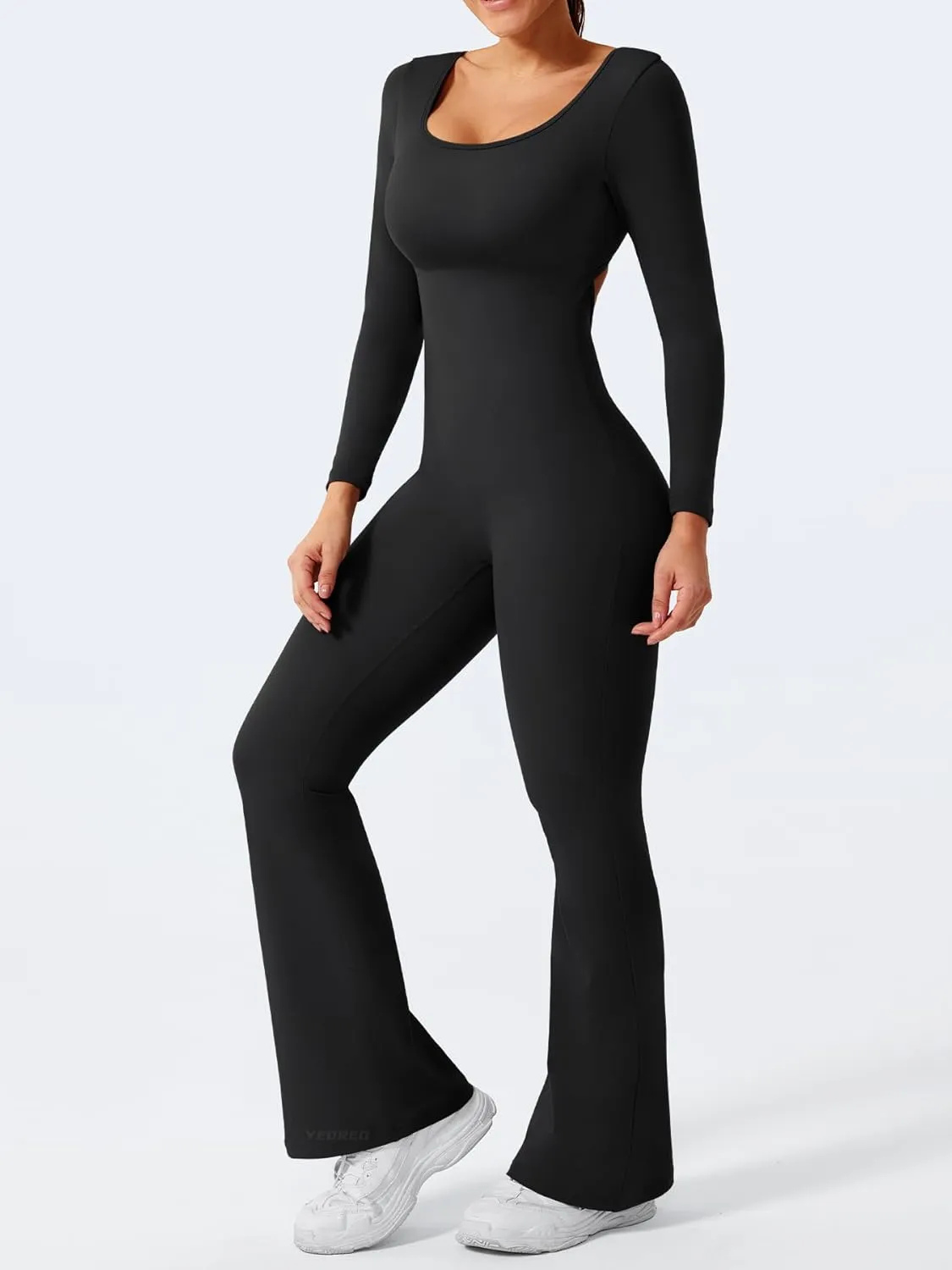 YEOREO One Piece Wide Leg Jumpsuits for Women Workout Long Sleeve Backless Flare Jumpsuit Lizvette Scrunch V Back Yoga Romper