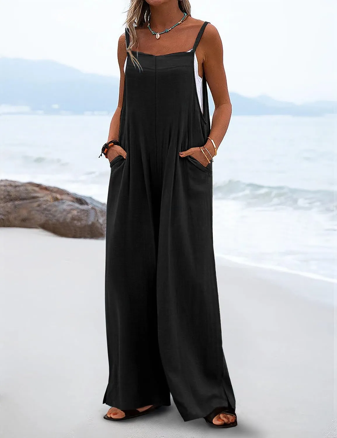 YESNO Women's Summer Boho Casual Jumpsuits Wide Leg Overalls Floral Print Baggy Rompers with Pockets PZZCR