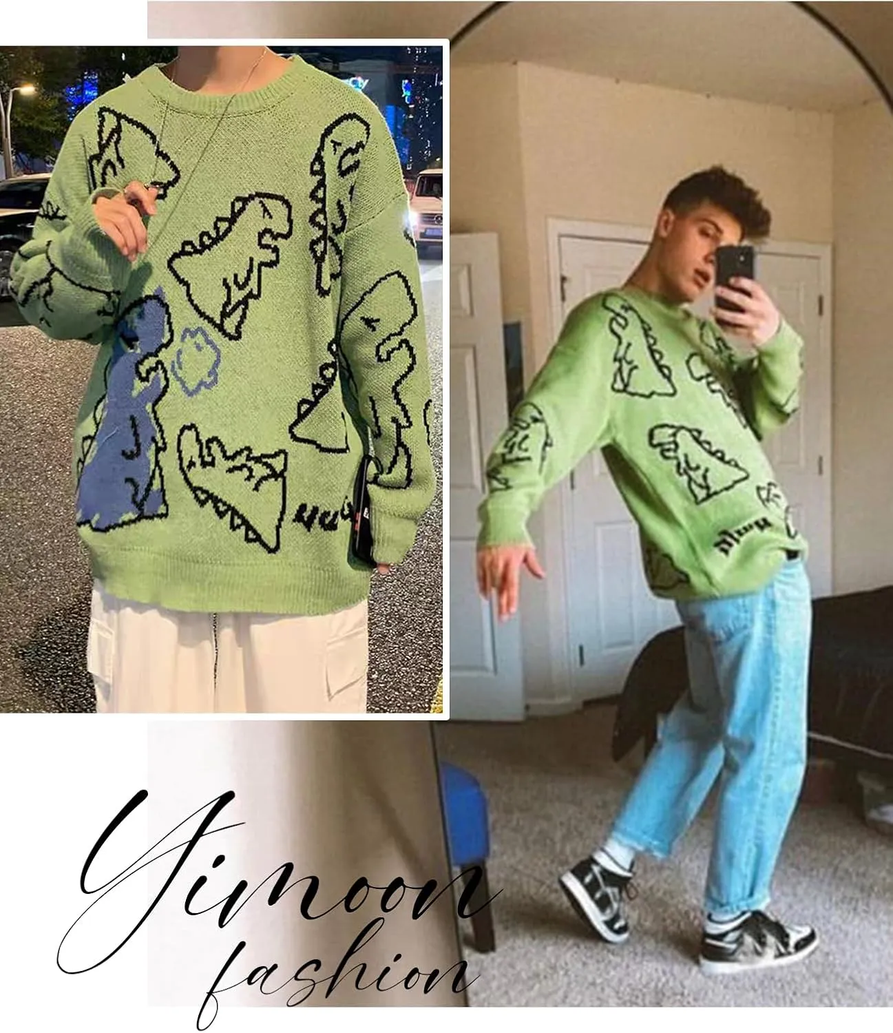 Yimoon Men Sweaters Oversized Graphic Casual Cable Knitted Jumper Pullover Cute Unisex Crewneck Retro Couple Tops