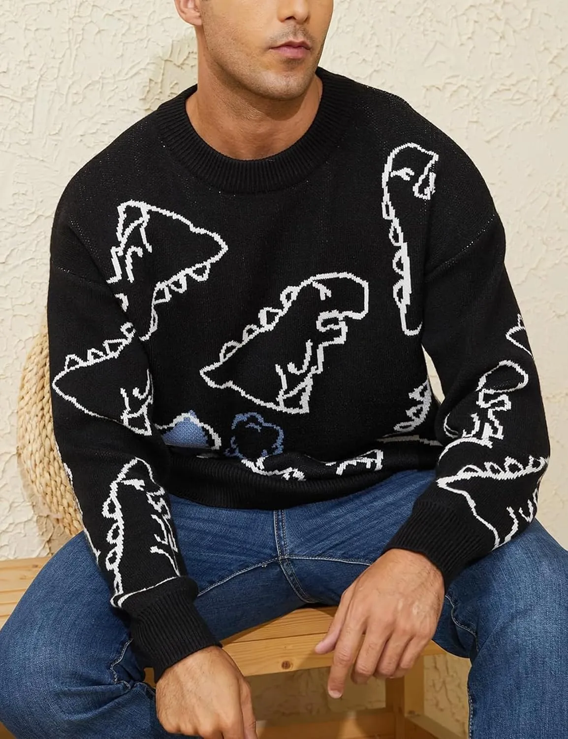 Yimoon Men Sweaters Oversized Graphic Casual Cable Knitted Jumper Pullover Cute Unisex Crewneck Retro Couple Tops