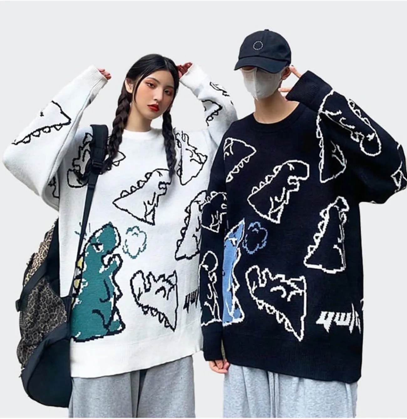 Yimoon Men Sweaters Oversized Graphic Casual Cable Knitted Jumper Pullover Cute Unisex Crewneck Retro Couple Tops