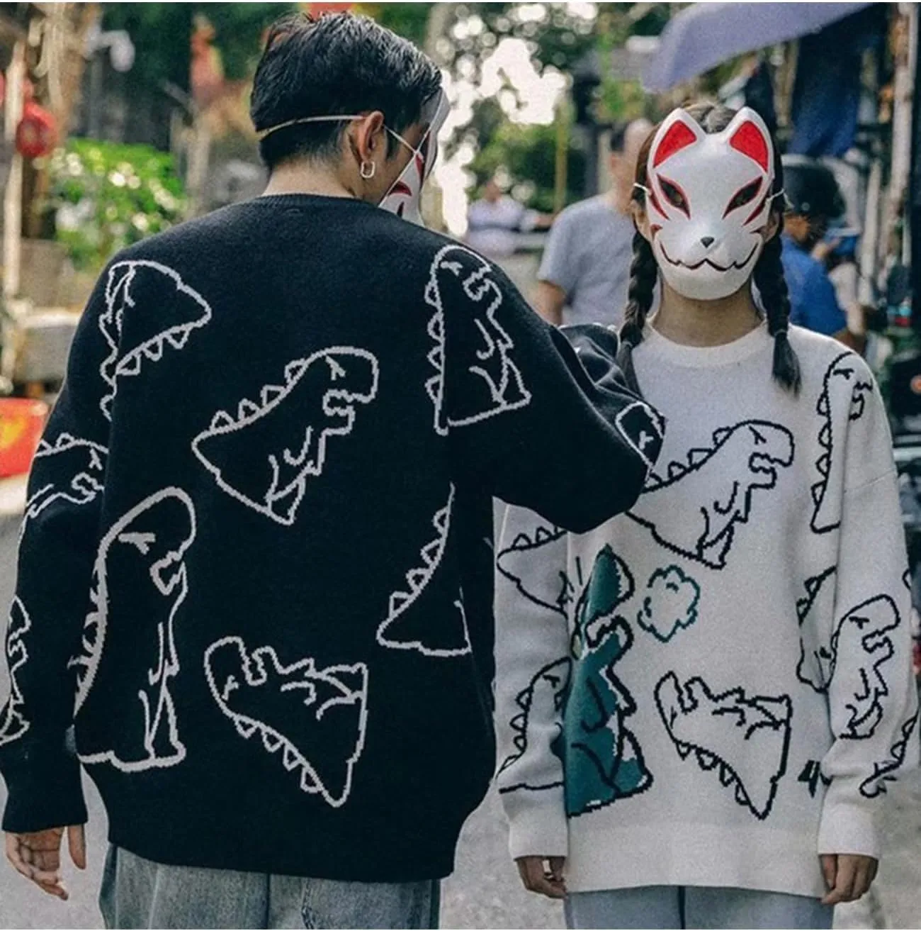 Yimoon Men Sweaters Oversized Graphic Casual Cable Knitted Jumper Pullover Cute Unisex Crewneck Retro Couple Tops