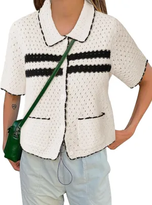 Yousify Womens Striped Short Sleeve Sweater Casual Knitted Button Down Crochet Cardigan Vintage Y2k Hollow-Out Tops