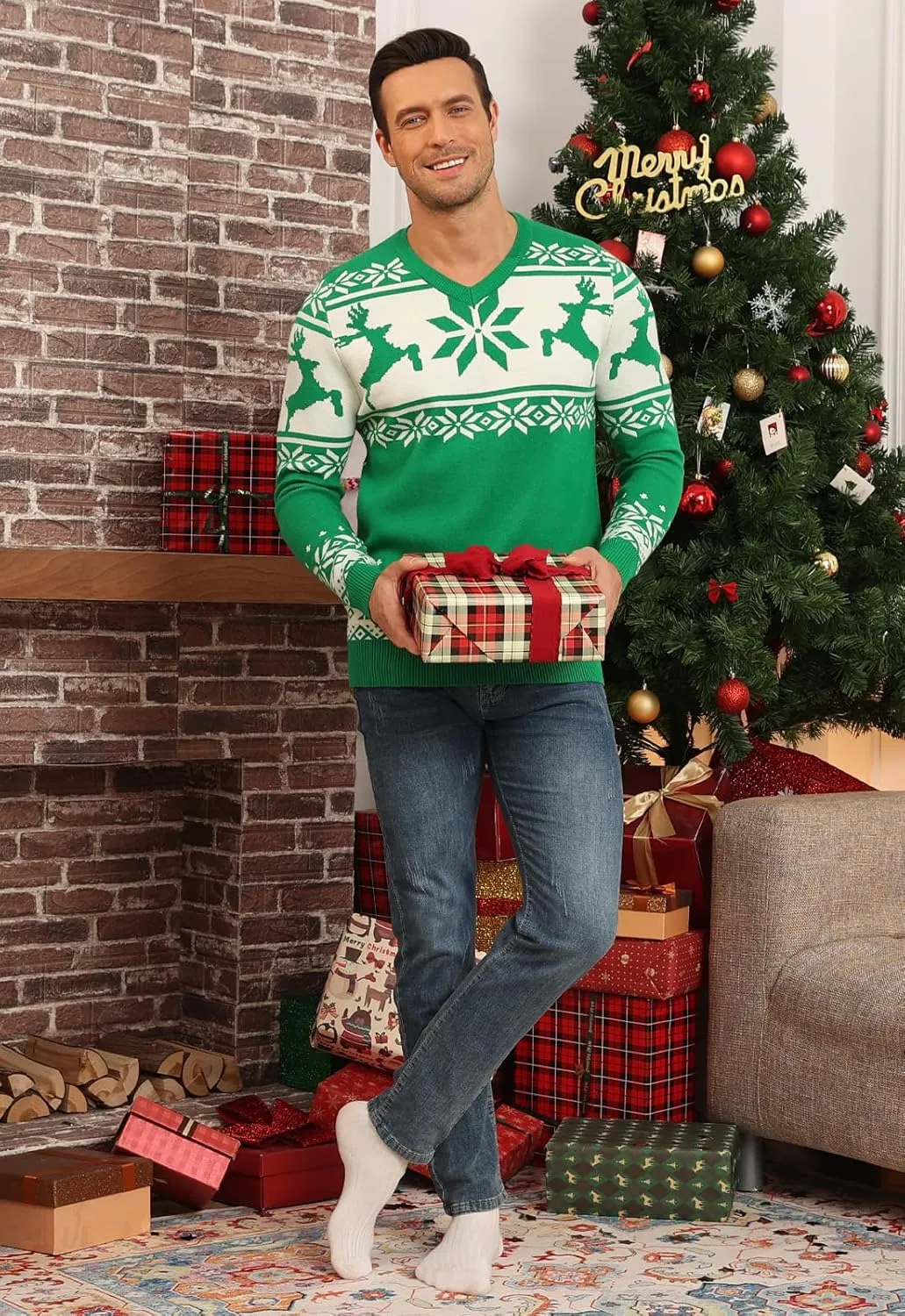 YTD Men's Casual Slim Fit V-Neck Pullover Long Sleeve Knitted Pullover Sweaters