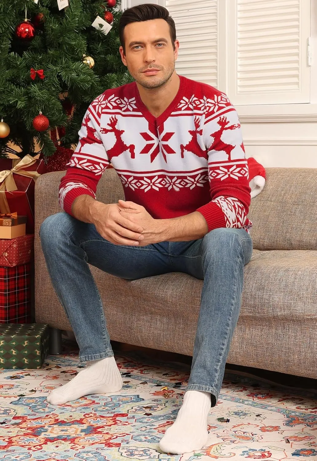 YTD Men's Casual Slim Fit V-Neck Pullover Long Sleeve Knitted Pullover Sweaters