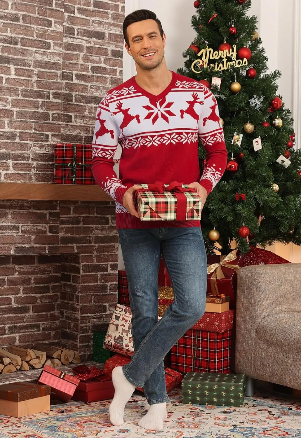 YTD Men's Casual Slim Fit V-Neck Pullover Long Sleeve Knitted Pullover Sweaters