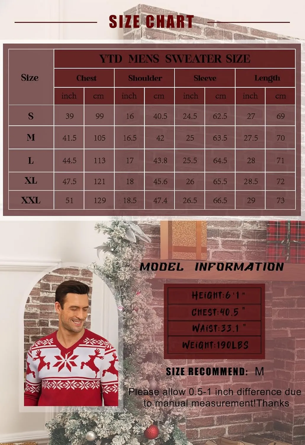YTD Men's Casual Slim Fit V-Neck Pullover Long Sleeve Knitted Pullover Sweaters