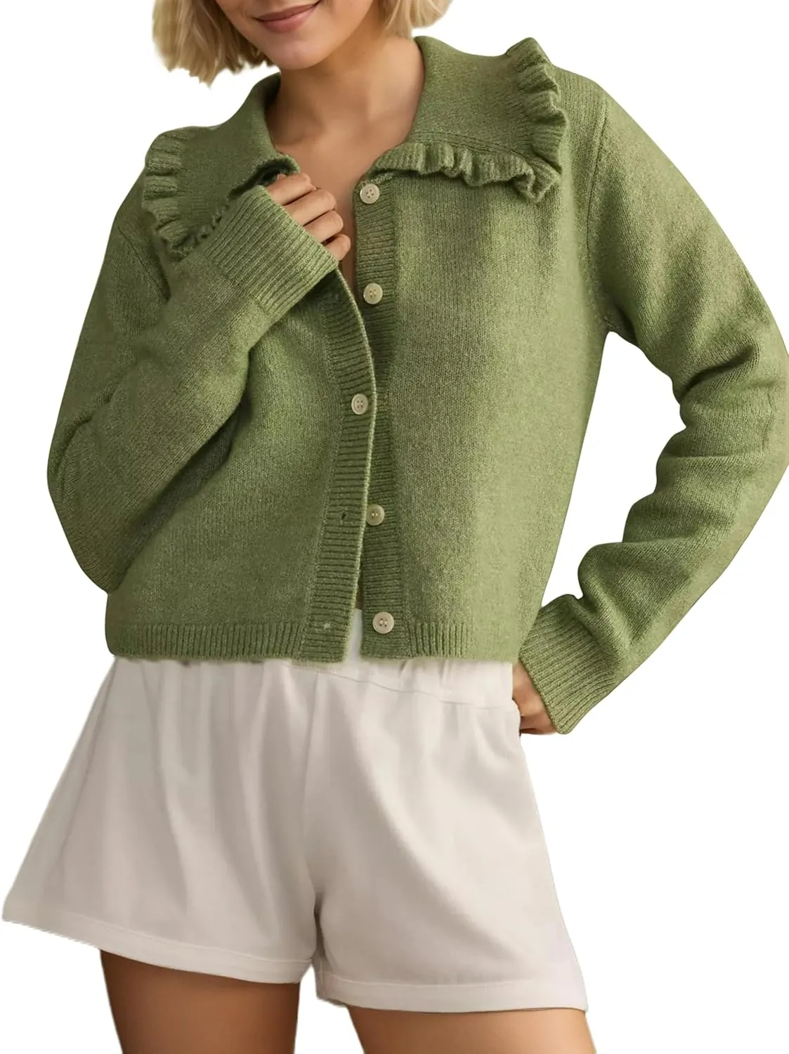 Ythomm Womens Ruffle Collar Cropped Cardigans Button Down Open Front Long Sleeve Knit Sweater Jackets Casual Solid Fall Tops