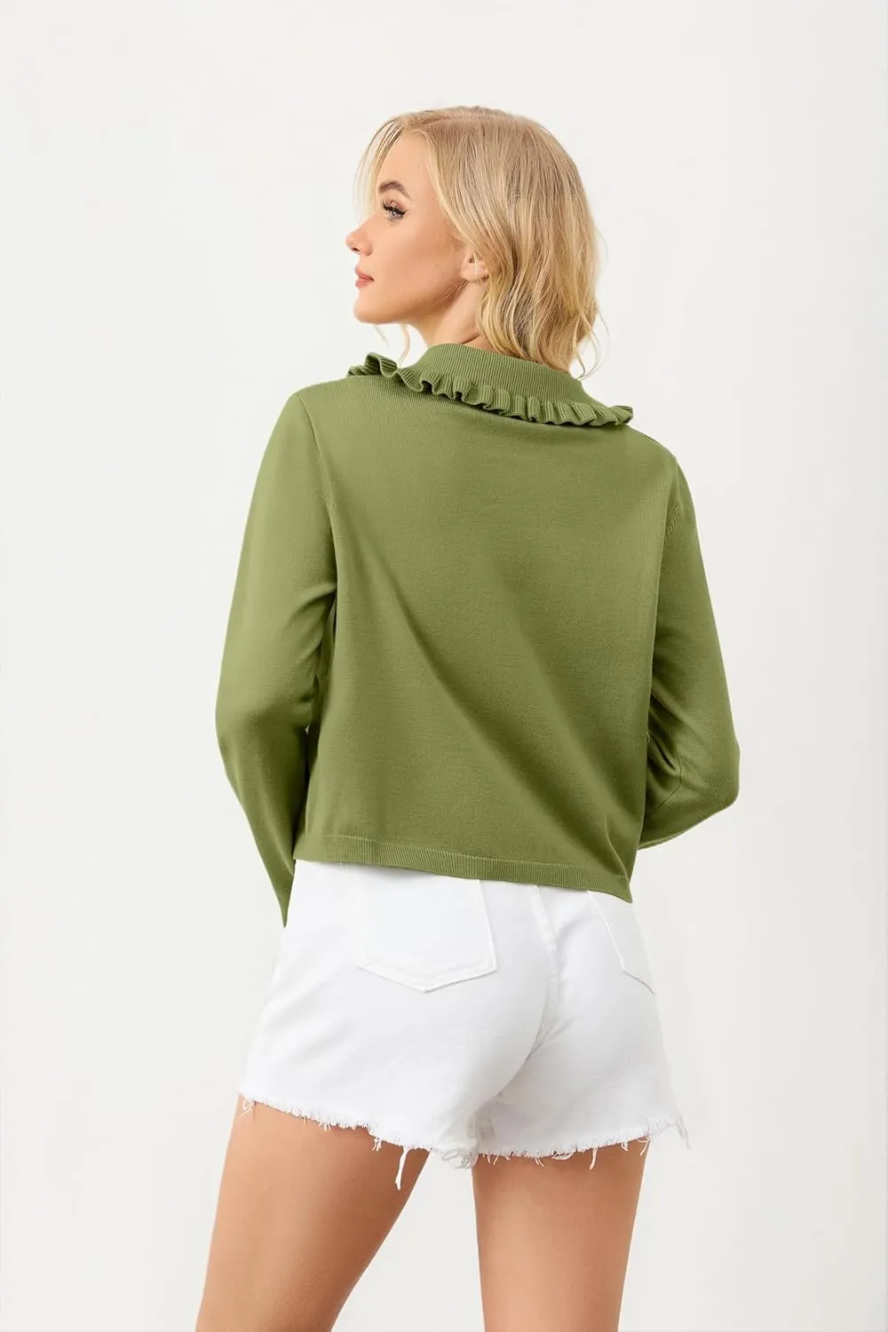 Ythomm Womens Ruffle Collar Cropped Cardigans Button Down Open Front Long Sleeve Knit Sweater Jackets Casual Solid Fall Tops