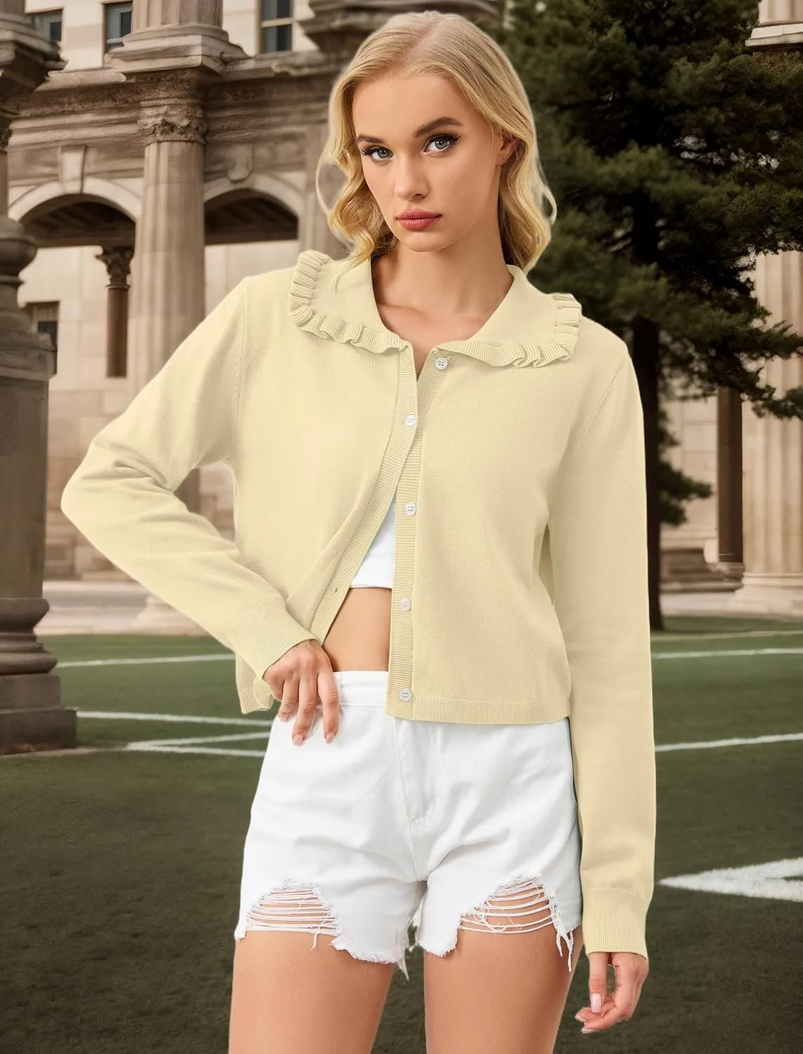 Ythomm Womens Ruffle Collar Cropped Cardigans Button Down Open Front Long Sleeve Knit Sweater Jackets Casual Solid Fall Tops