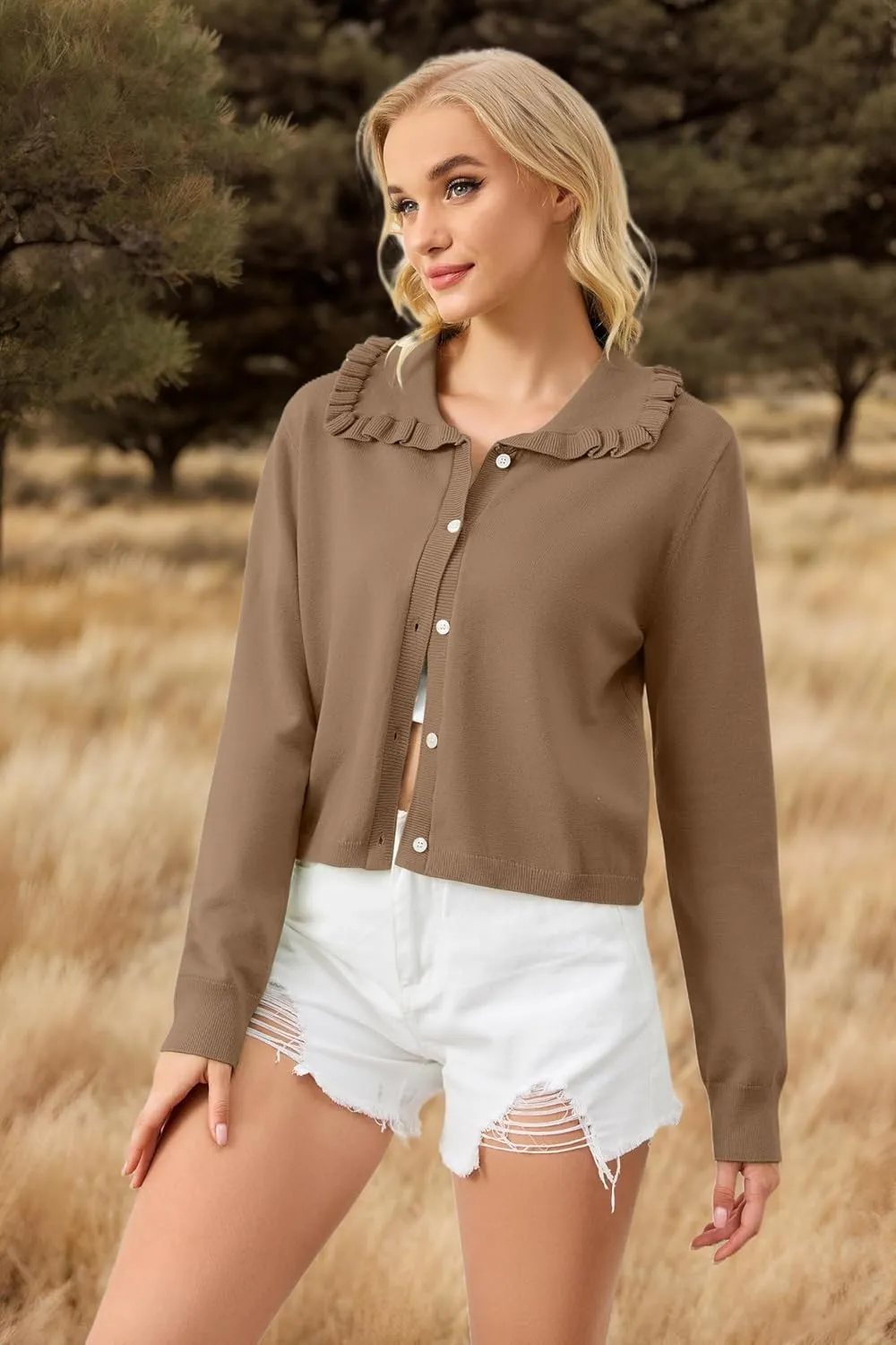 Ythomm Womens Ruffle Collar Cropped Cardigans Button Down Open Front Long Sleeve Knit Sweater Jackets Casual Solid Fall Tops