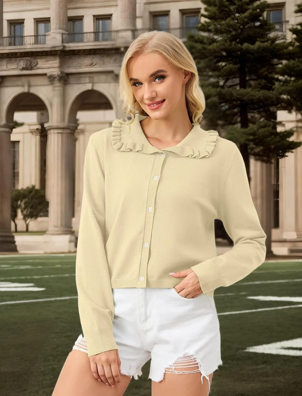 Ythomm Womens Ruffle Collar Cropped Cardigans Button Down Open Front Long Sleeve Knit Sweater Jackets Casual Solid Fall Tops