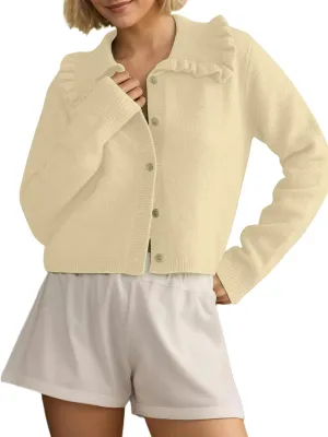 Ythomm Womens Ruffle Collar Cropped Cardigans Button Down Open Front Long Sleeve Knit Sweater Jackets Casual Solid Fall Tops