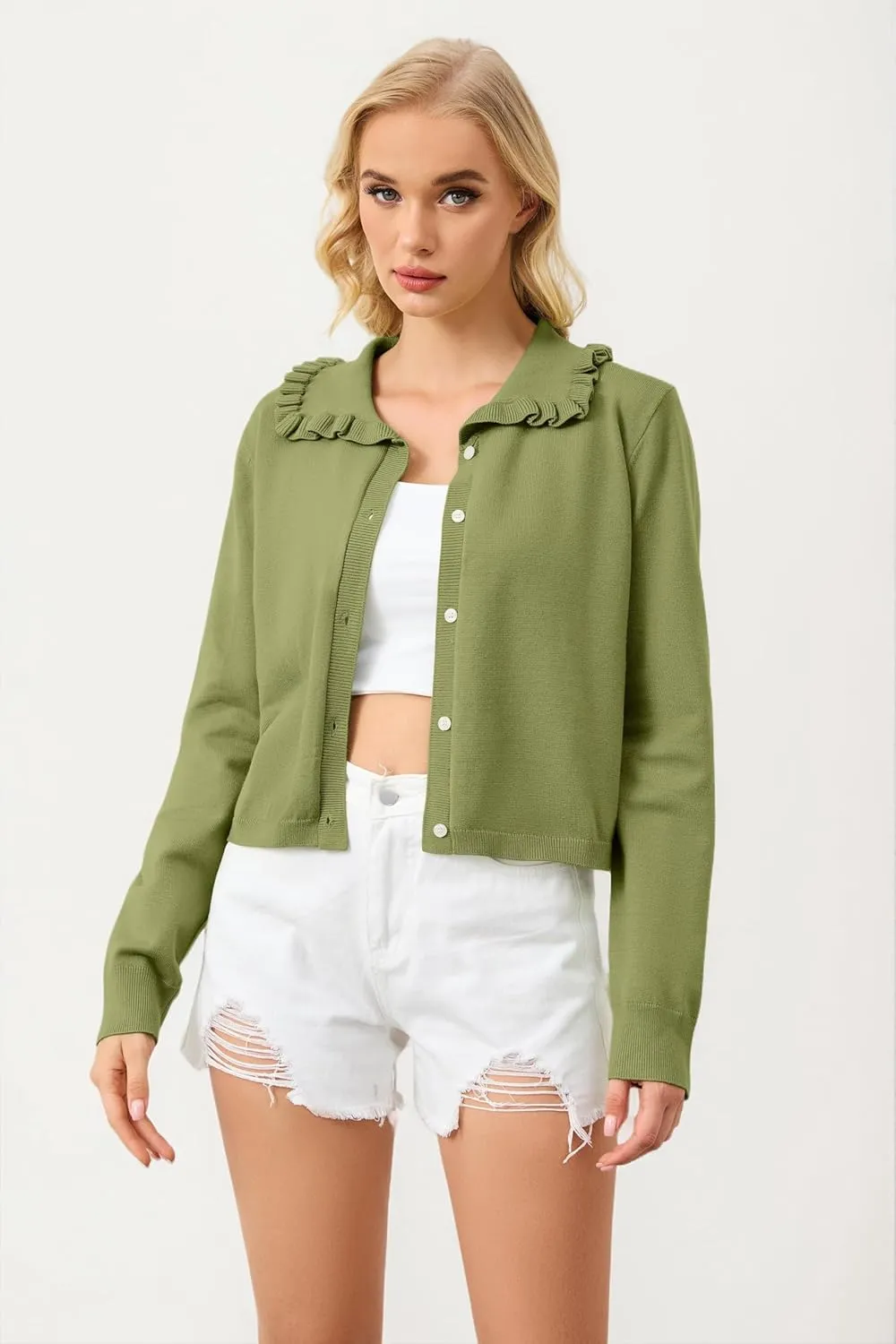 Ythomm Womens Ruffle Collar Cropped Cardigans Button Down Open Front Long Sleeve Knit Sweater Jackets Casual Solid Fall Tops