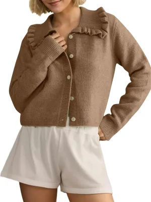 Ythomm Womens Ruffle Collar Cropped Cardigans Button Down Open Front Long Sleeve Knit Sweater Jackets Casual Solid Fall Tops