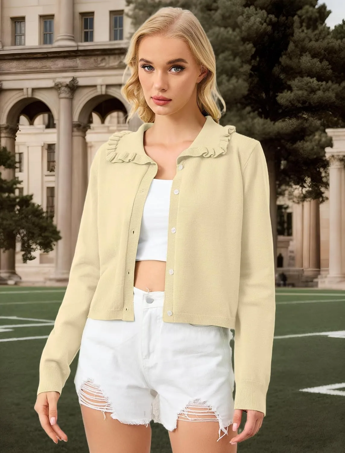Ythomm Womens Ruffle Collar Cropped Cardigans Button Down Open Front Long Sleeve Knit Sweater Jackets Casual Solid Fall Tops