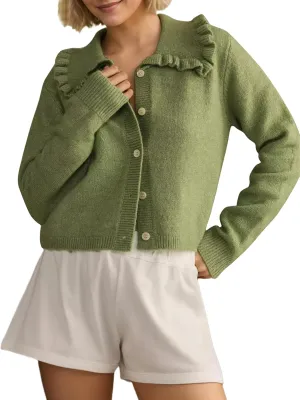 Ythomm Womens Ruffle Collar Cropped Cardigans Button Down Open Front Long Sleeve Knit Sweater Jackets Casual Solid Fall Tops
