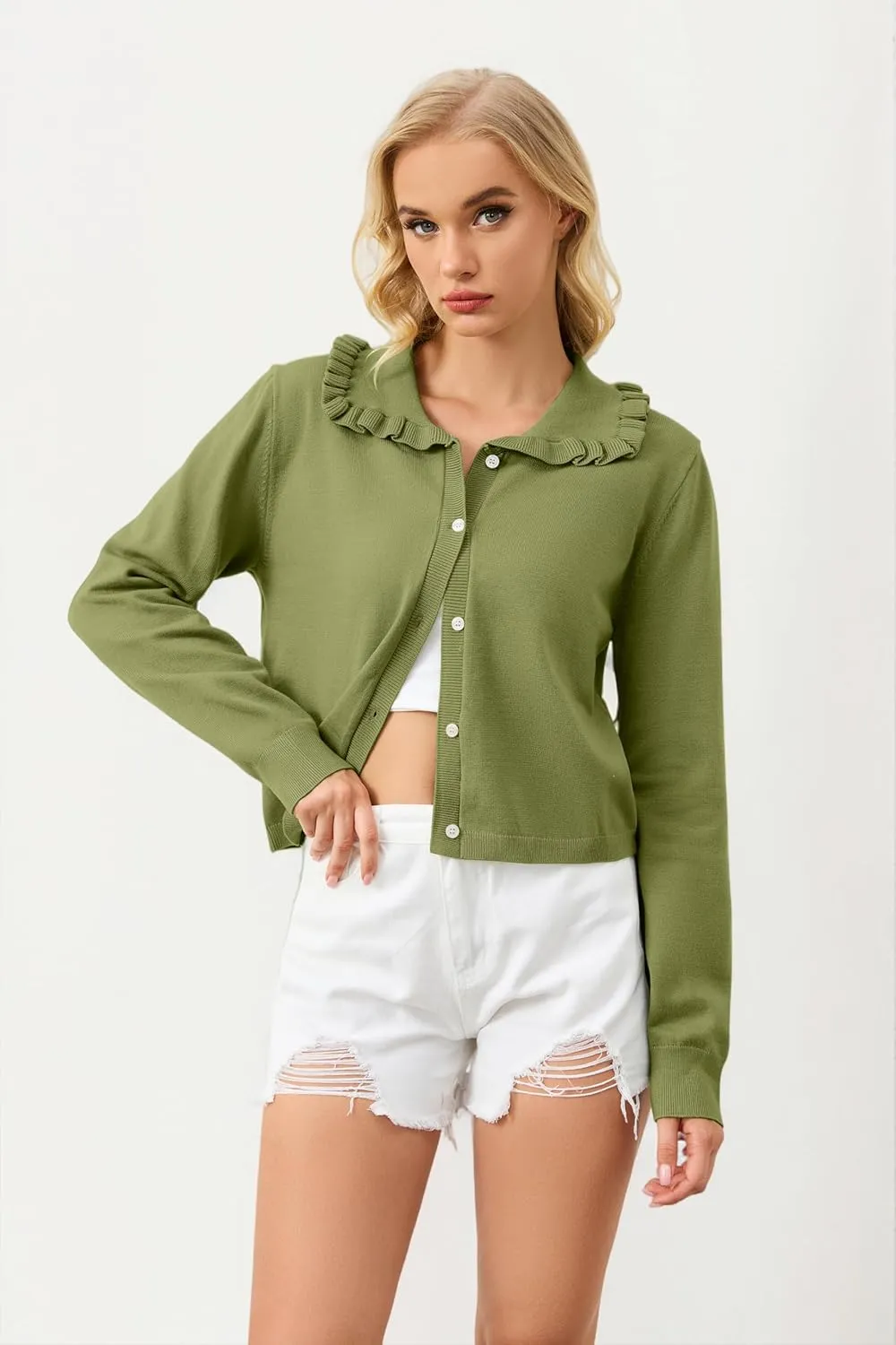 Ythomm Womens Ruffle Collar Cropped Cardigans Button Down Open Front Long Sleeve Knit Sweater Jackets Casual Solid Fall Tops