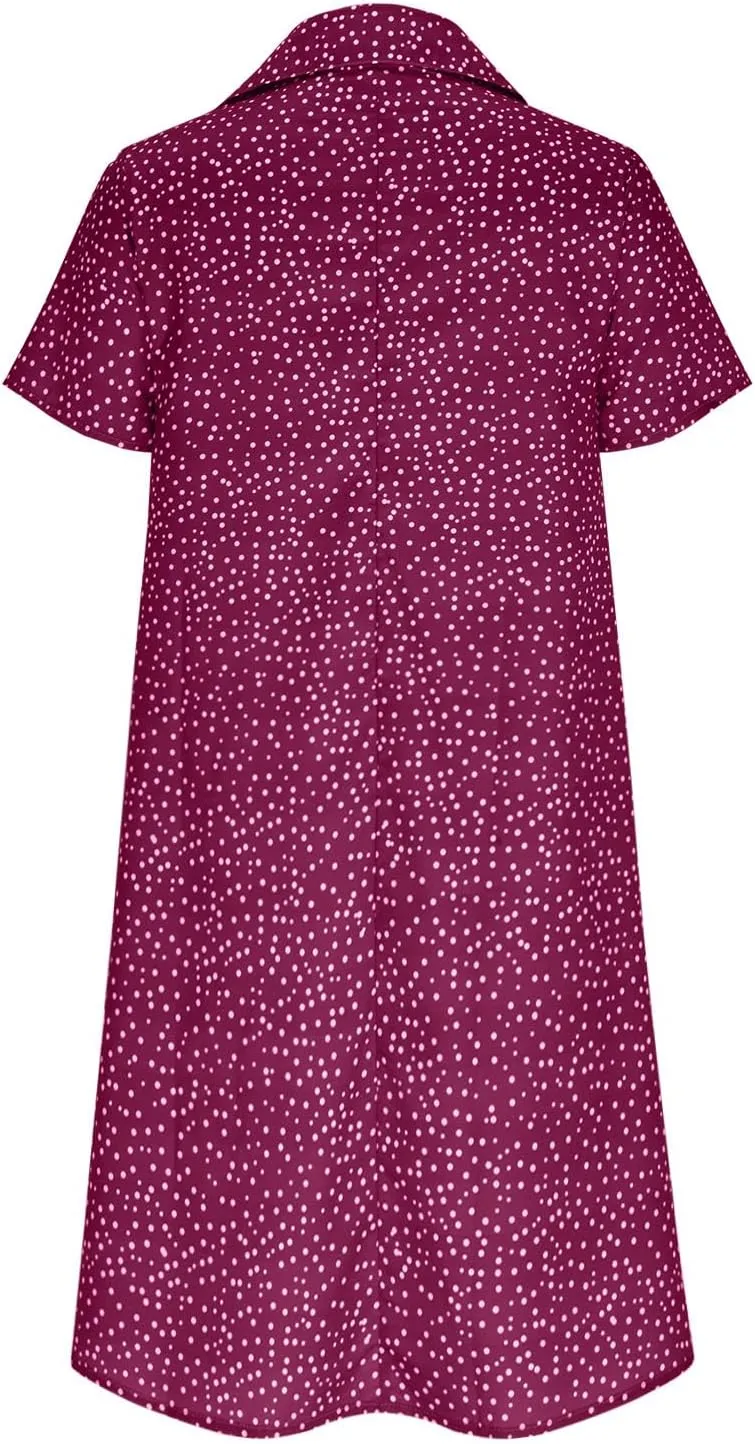 YUHGODO Chiffon T-Shirt Dress for Women Dressy Lapel V Neck Flowy Summer Dresses Polka Dot Short Sleeve Beach Sundresses