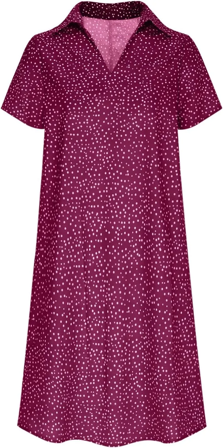 YUHGODO Chiffon T-Shirt Dress for Women Dressy Lapel V Neck Flowy Summer Dresses Polka Dot Short Sleeve Beach Sundresses