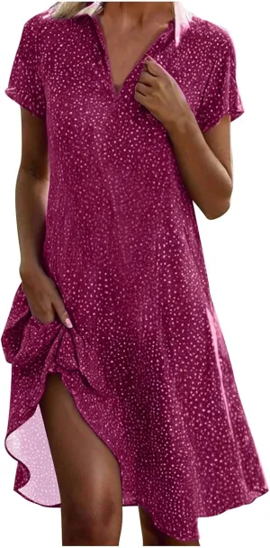 YUHGODO Chiffon T-Shirt Dress for Women Dressy Lapel V Neck Flowy Summer Dresses Polka Dot Short Sleeve Beach Sundresses
