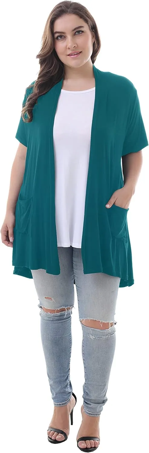 ZERDOCEAN Women's Plus Size Short Sleeve Lightweight Soft Printed Drape Cardigan with Pockets