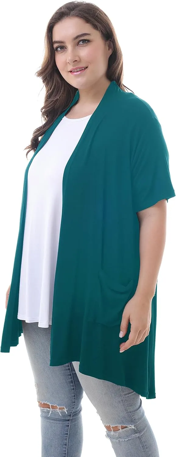 ZERDOCEAN Women's Plus Size Short Sleeve Lightweight Soft Printed Drape Cardigan with Pockets
