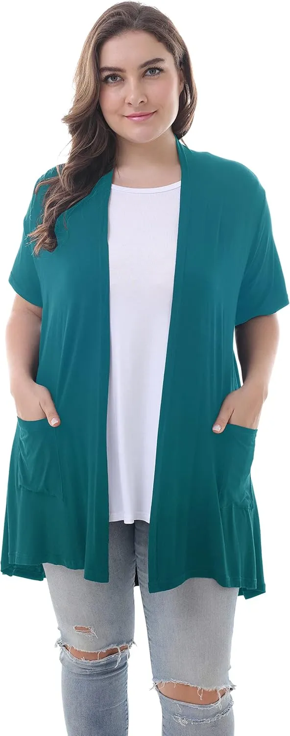 ZERDOCEAN Women's Plus Size Short Sleeve Lightweight Soft Printed Drape Cardigan with Pockets