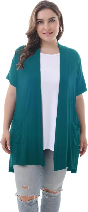 ZERDOCEAN Women's Plus Size Short Sleeve Lightweight Soft Printed Drape Cardigan with Pockets