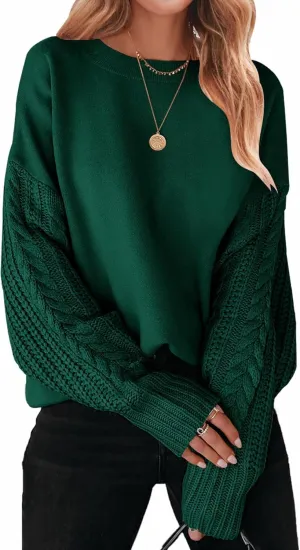 ZESICA Women's Fall Long Sleeve Crew Neck Solid Color Cable Knit Chunky Casual Oversized Pullover Sweater Tops