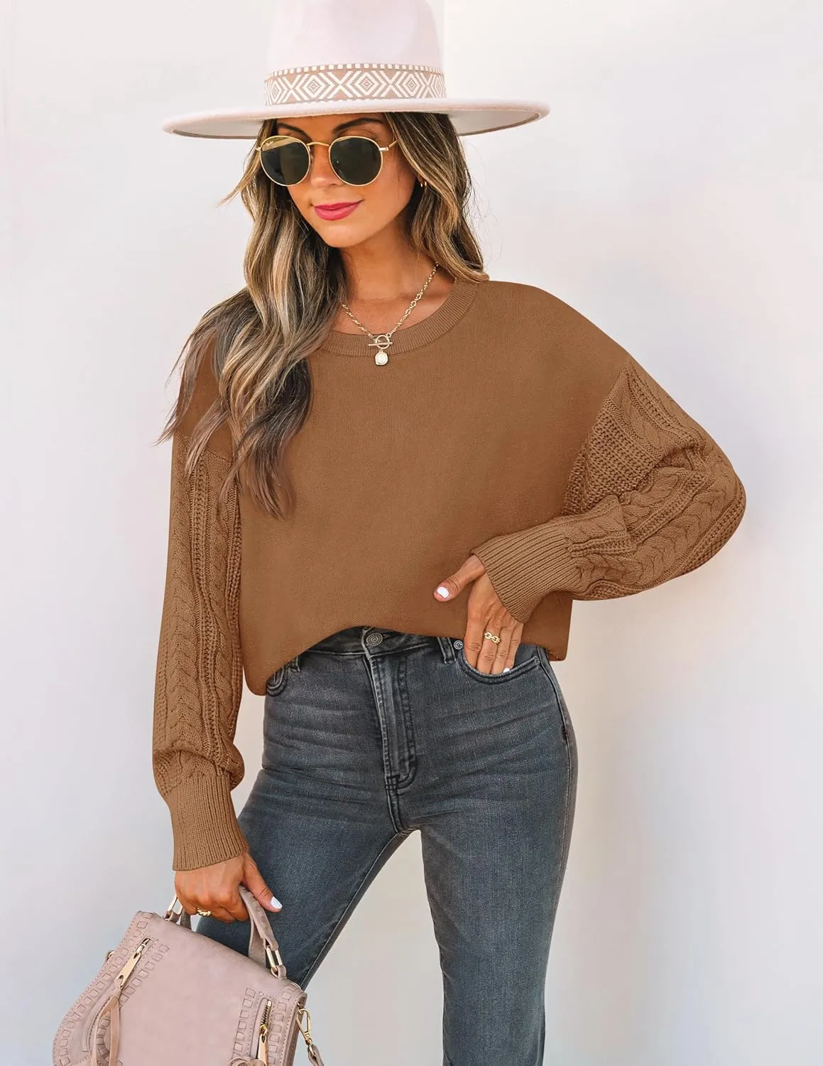 ZESICA Women's Fall Long Sleeve Crew Neck Solid Color Cable Knit Chunky Casual Oversized Pullover Sweater Tops