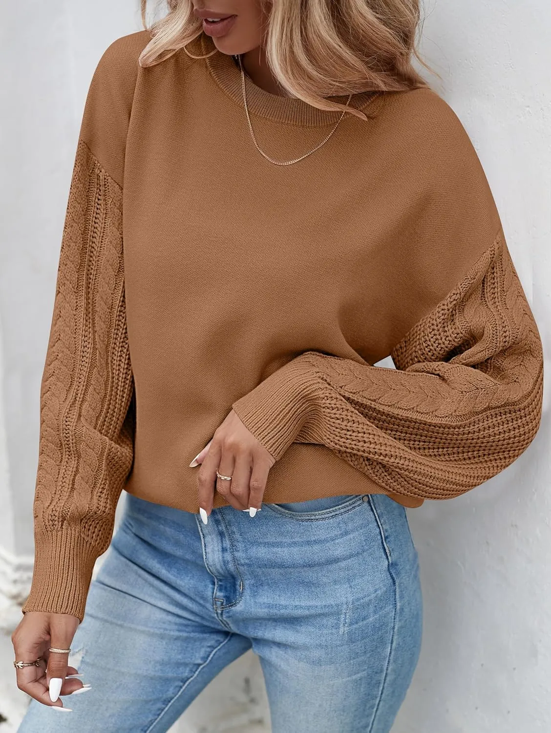 ZESICA Women's Fall Long Sleeve Crew Neck Solid Color Cable Knit Chunky Casual Oversized Pullover Sweater Tops