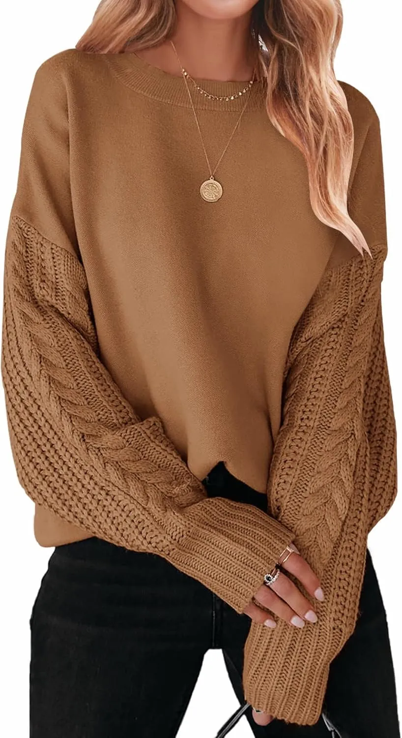 ZESICA Women's Fall Long Sleeve Crew Neck Solid Color Cable Knit Chunky Casual Oversized Pullover Sweater Tops