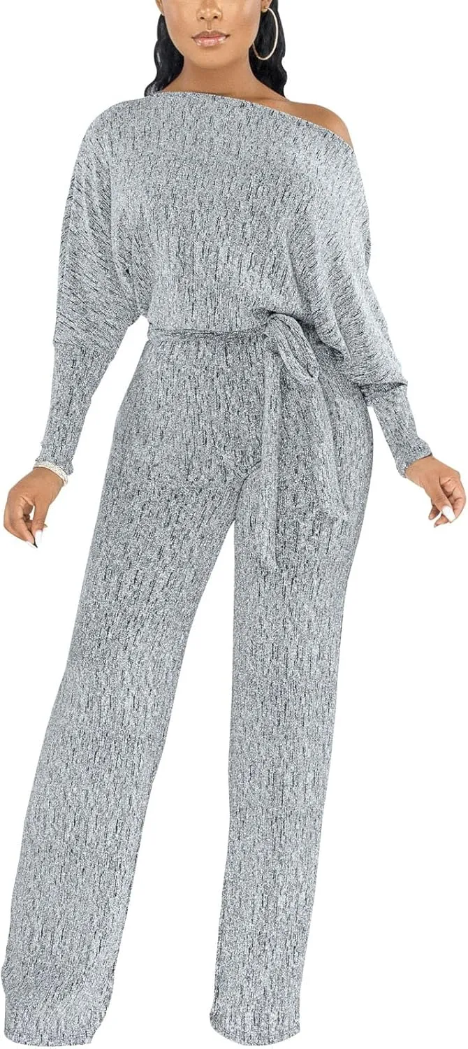 ZonJie Jumpsuits for Women Elegant Sexy Sparkly Sequin Off Shoulder Pants Long Sleeves Wide Leg Clubwear Rompers