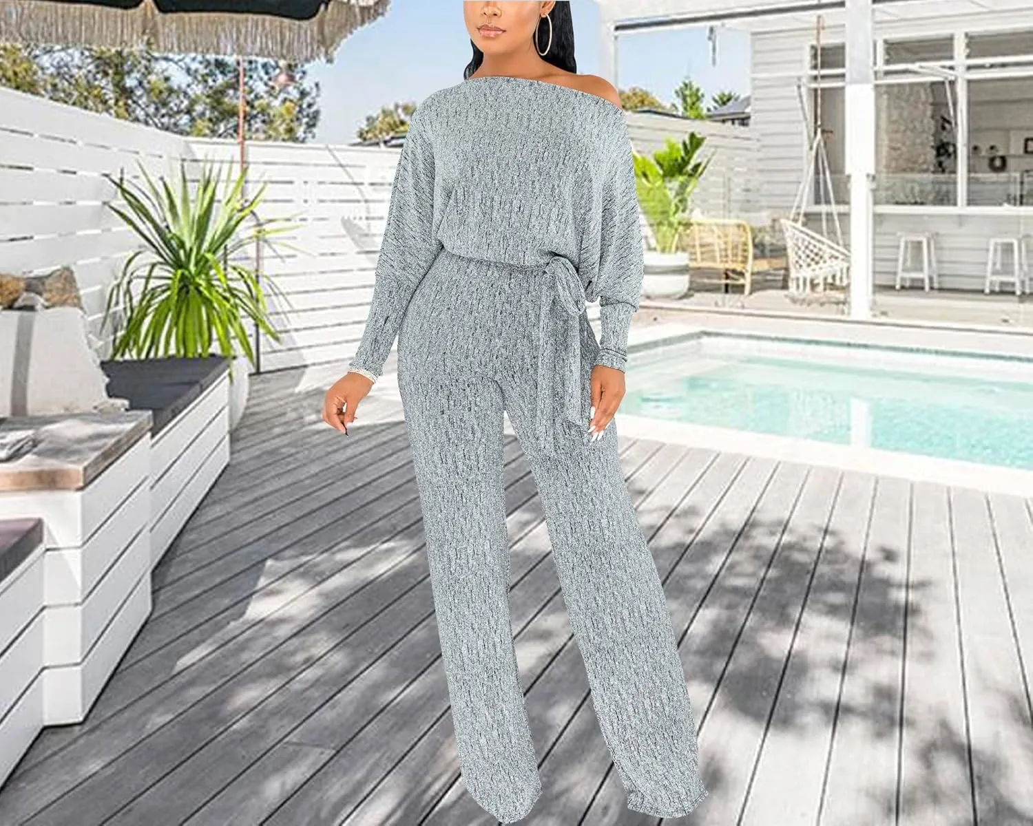 ZonJie Jumpsuits for Women Elegant Sexy Sparkly Sequin Off Shoulder Pants Long Sleeves Wide Leg Clubwear Rompers
